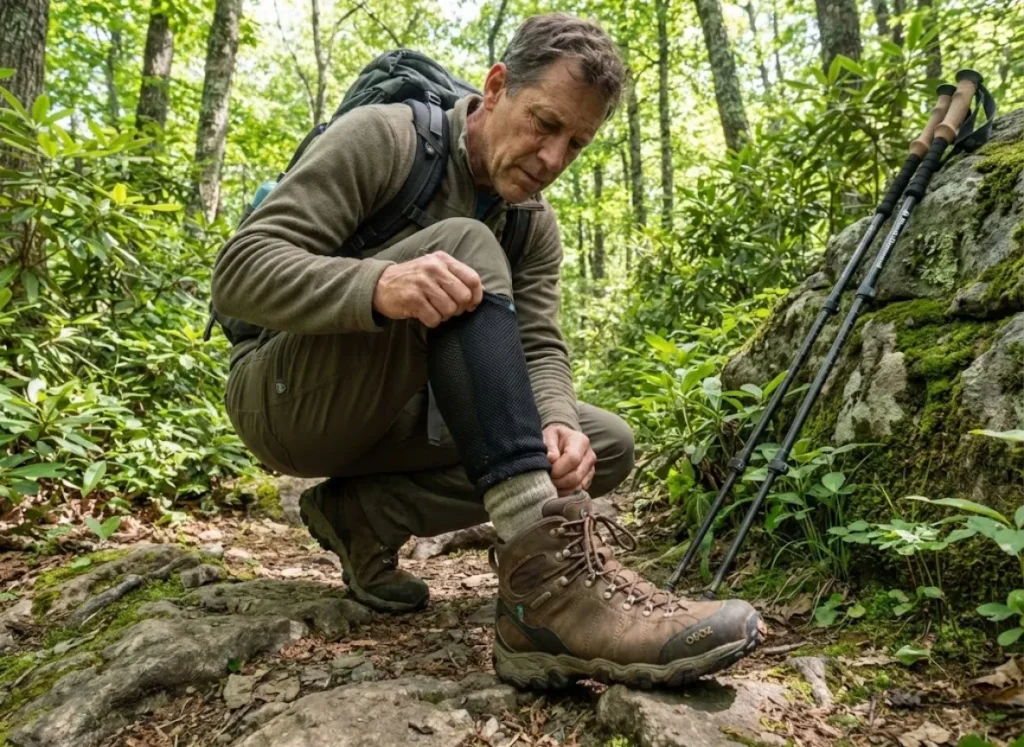 Hiker performing mid-trail tick check at sock line while wearing Lymeez tick gaiters on rocky trail
