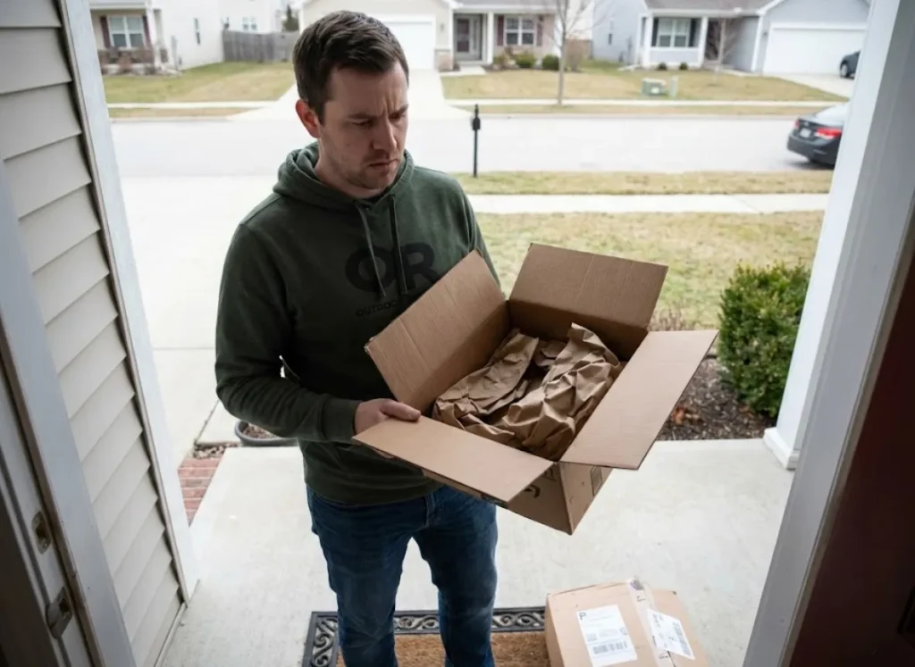 Disappointed hiker discovering online gear purchase scam with empty shipping box