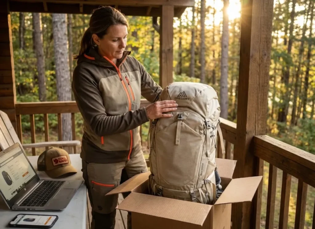 Hiker unboxing used Gregory backpack ordered from online gear marketplace