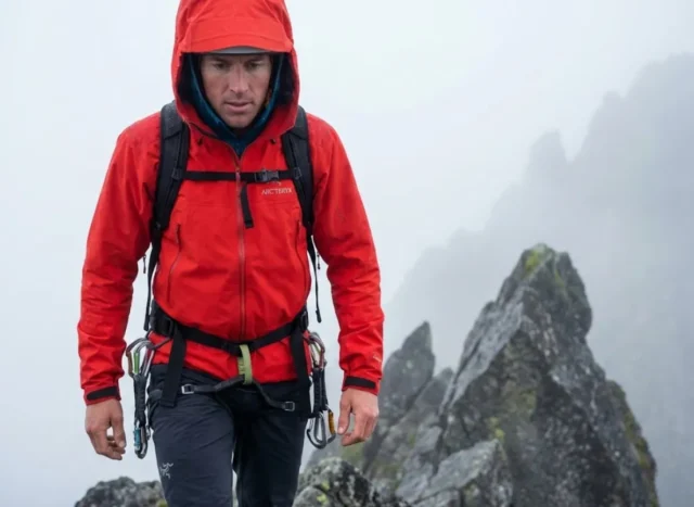 open-pit-zips-core-temp-hiking A professional mountaineer hiking in a misty alpine environment wearing a red Arc'teryx hard shell jacket, showcasing high-end outdoor gear photography.