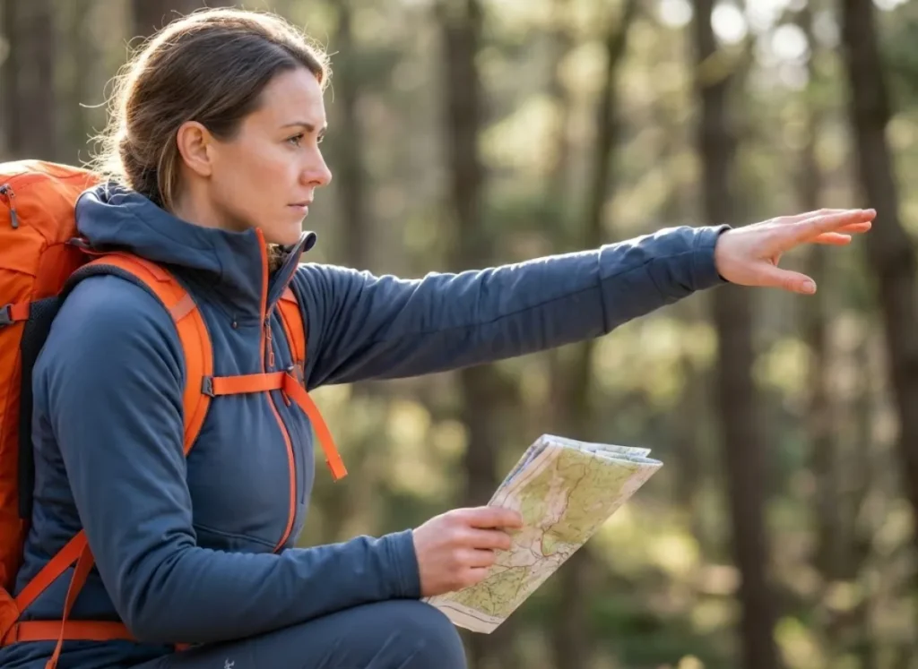 A female hiker in Patagonia gear visually aligning a physical landmark with her map to orient herself in the wilderness.