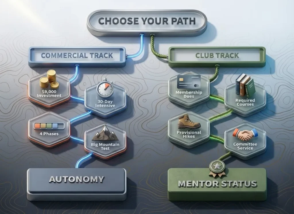 A premium 3D split-path flowchart comparing the "Commercial Track" versus "Club Track" for outdoor leadership, visualizing costs, time commitments, and milestones with technical hiking aesthetics.