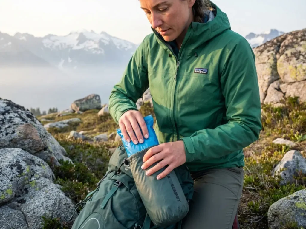 Hiker packing out human waste in WAG bag at alpine terrain following Leave No Trace principles