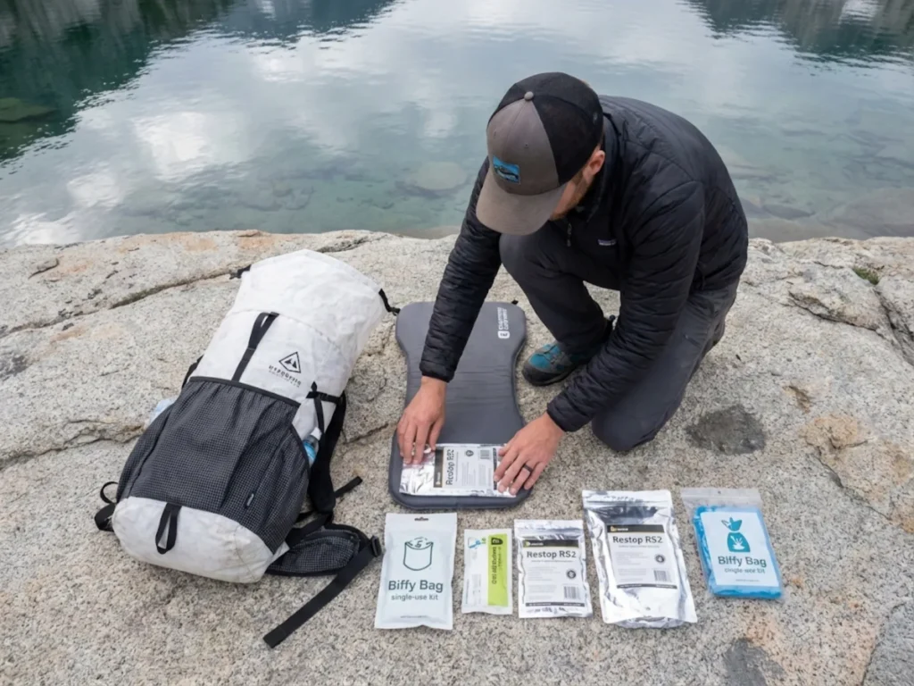 Ultralight backpacker organizing pack-out waste management system with WAG bags beside alpine lake