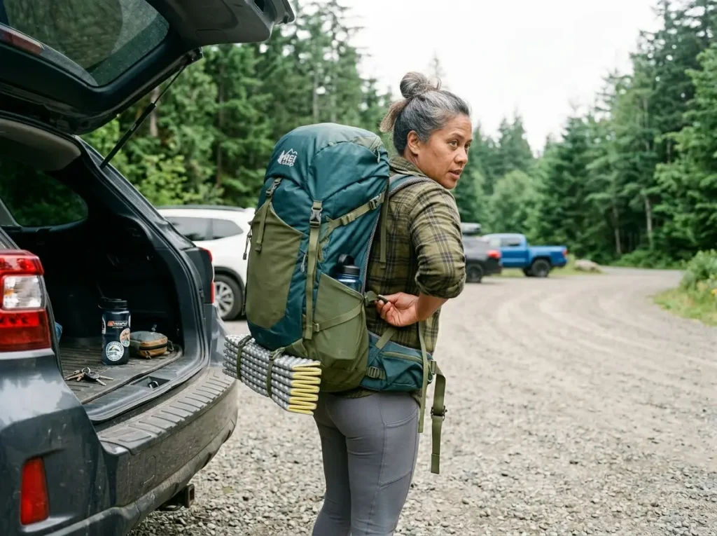 Hiker adjusting a backpack torso-length back panel at the trailhead, REI Flash pack