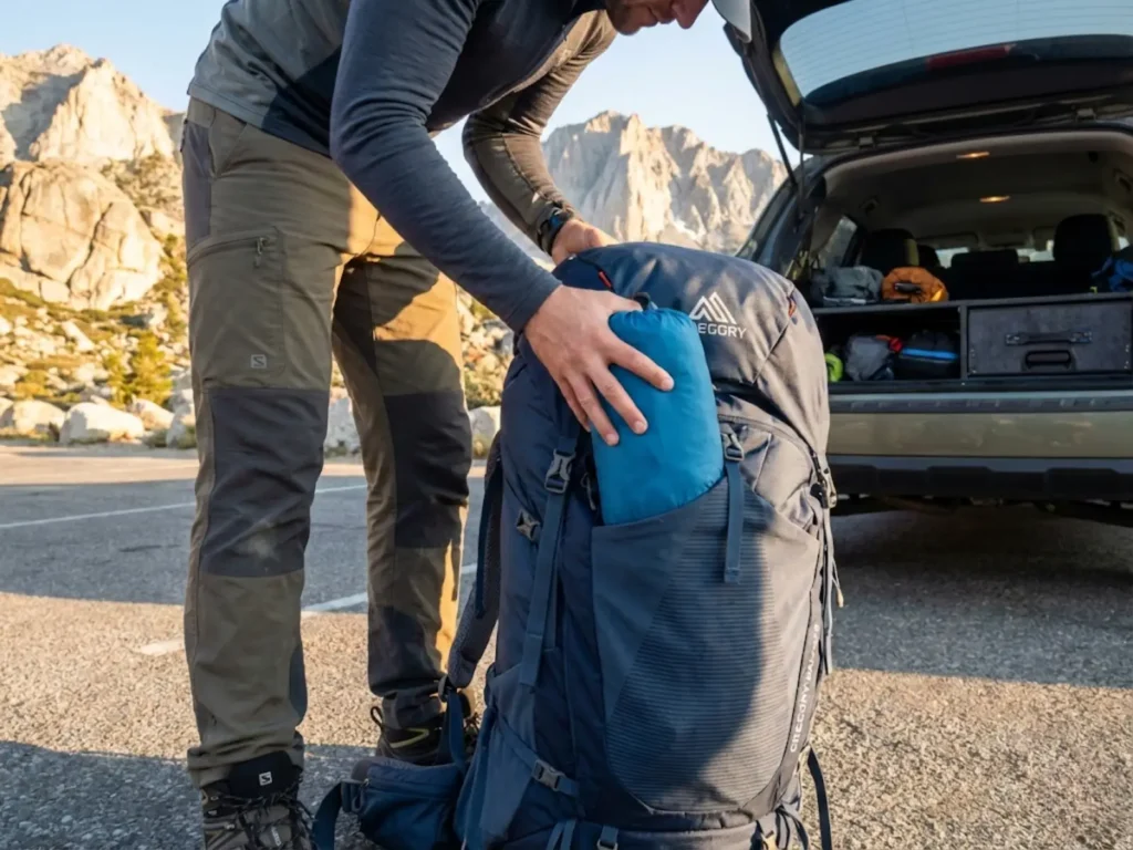 Hiker packing ultralight rain jacket showing packability of 2.5 layer shell