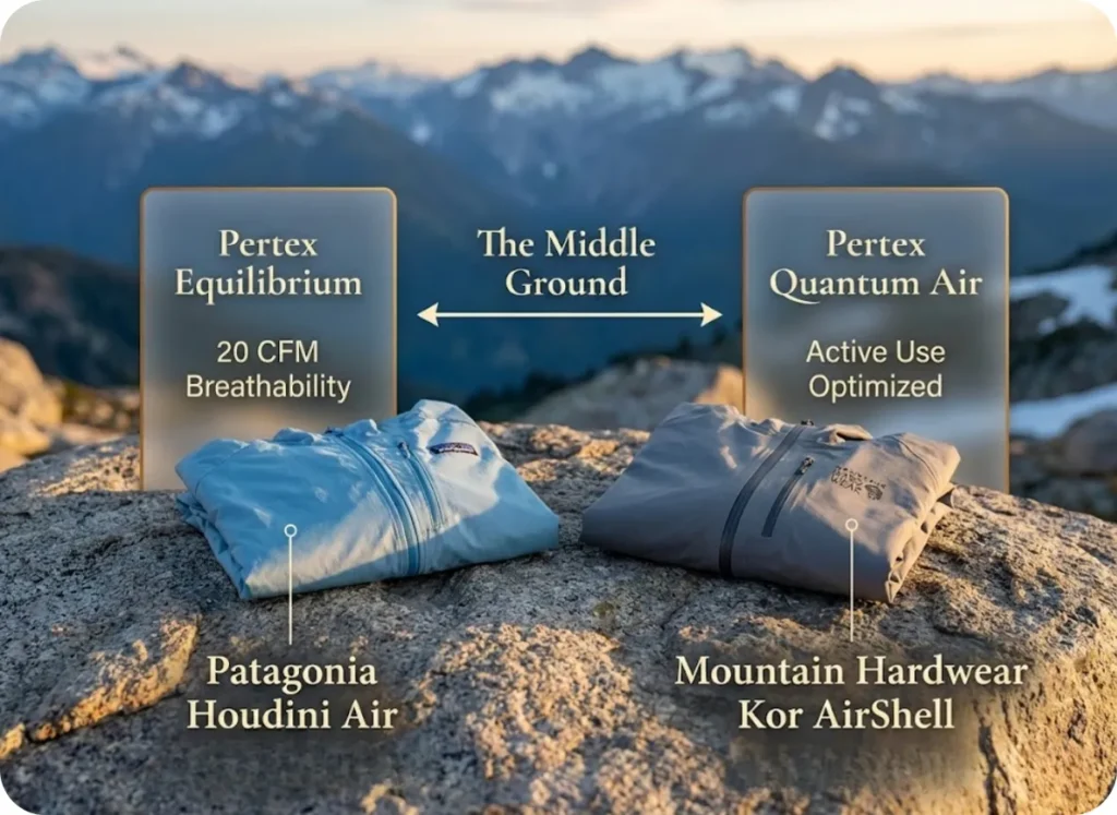 Comparison of Patagonia Houdini Air and Mountain Hardwear Kor AirShell jackets on a rock with infographic labels showing CFM breathability and Pertex fabric details.