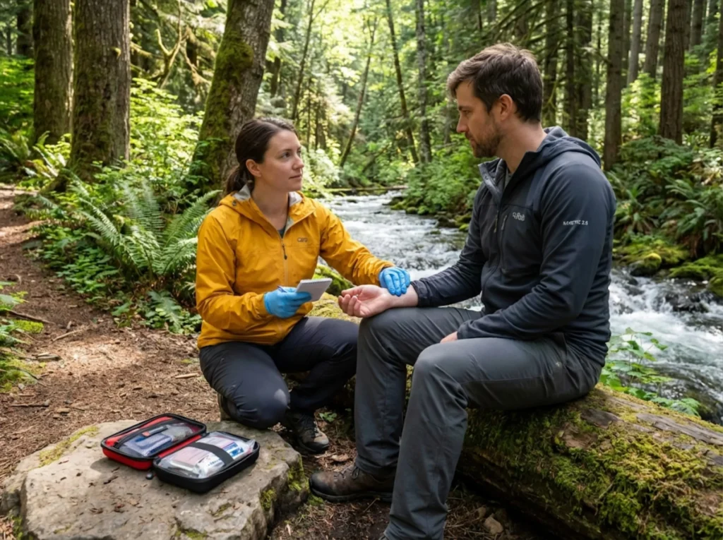 Wilderness first aid responder checking patient pulse and documenting during backcountry assessment