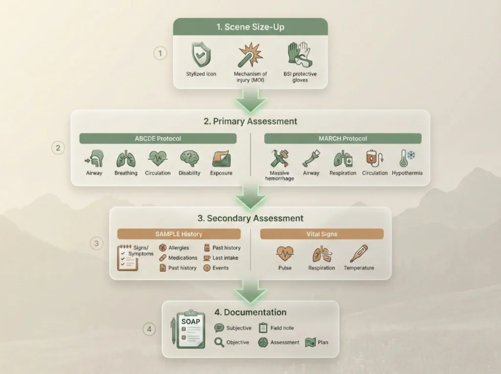 Vertical flowchart infographic showing the Patient Assessment System (PAS) sequence for wilderness first aid: Scene Size-Up with safety and MOI icons, Primary Assessment comparing ABCDE and MARCH protocols, Secondary Assessment with SAMPLE history and vital signs, and Documentation using SOAP notes format.