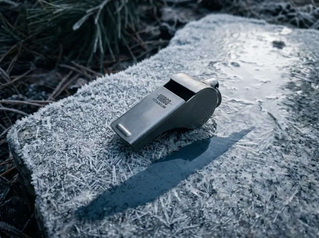 A titanium emergency whistle resting on frosted rock, showing a pealess design built for freezing conditions