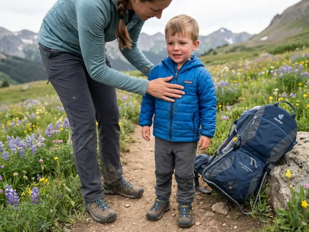 Mother checking hiking child's heart rate and exertion level on alpine trail