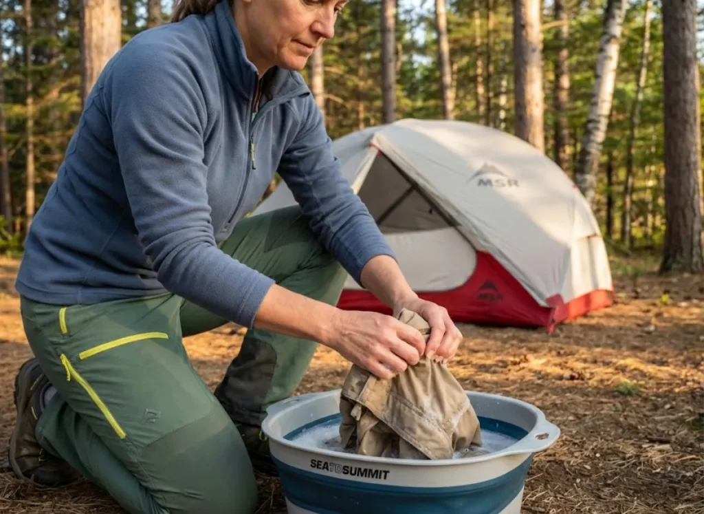 Experienced hiker washing permethrin-treated pants at backcountry campsite showing care routine