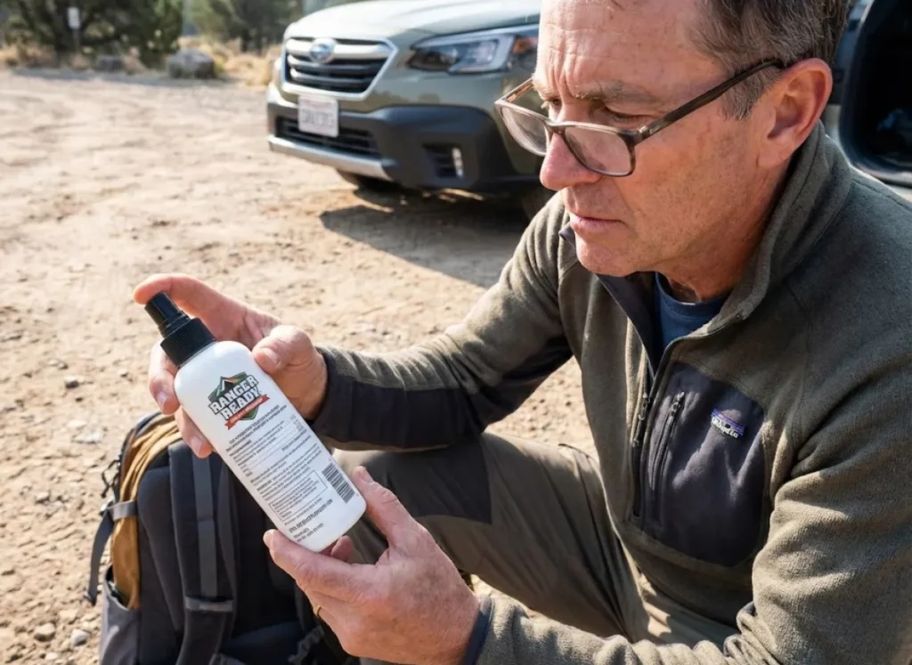 Hiker carefully reading EPA safety information on permethrin product label before application