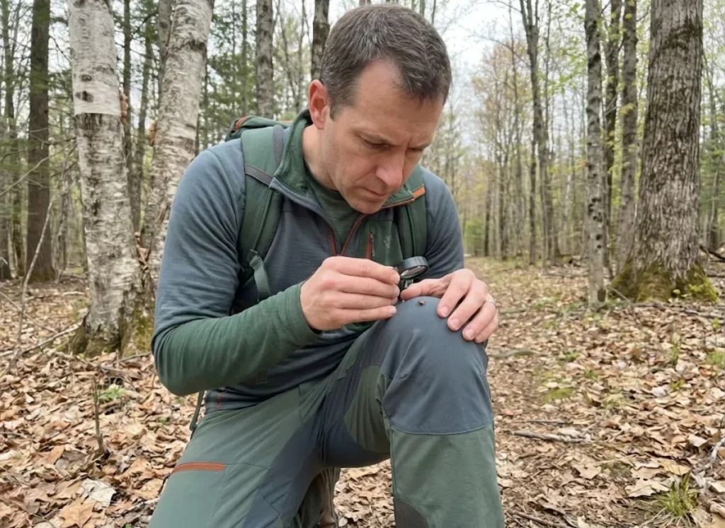 Hiker inspecting treated hiking pants for ticks on forest trail during tick season