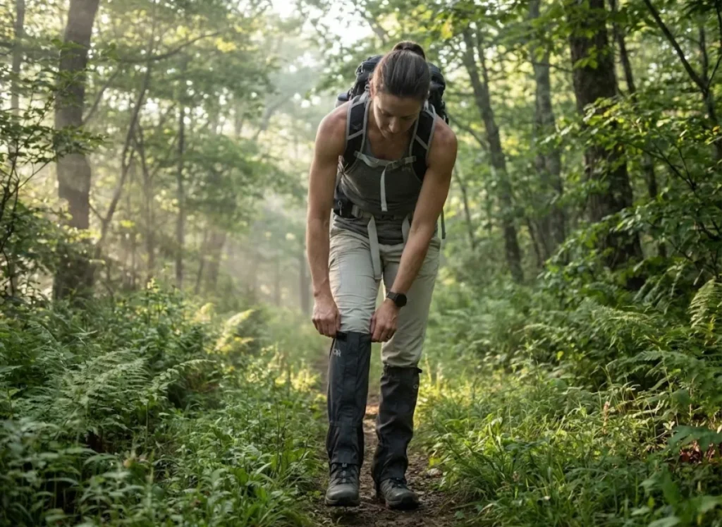 Hiker adjusting permethrin-treated pants and gaiters on Appalachian Trail in tick season