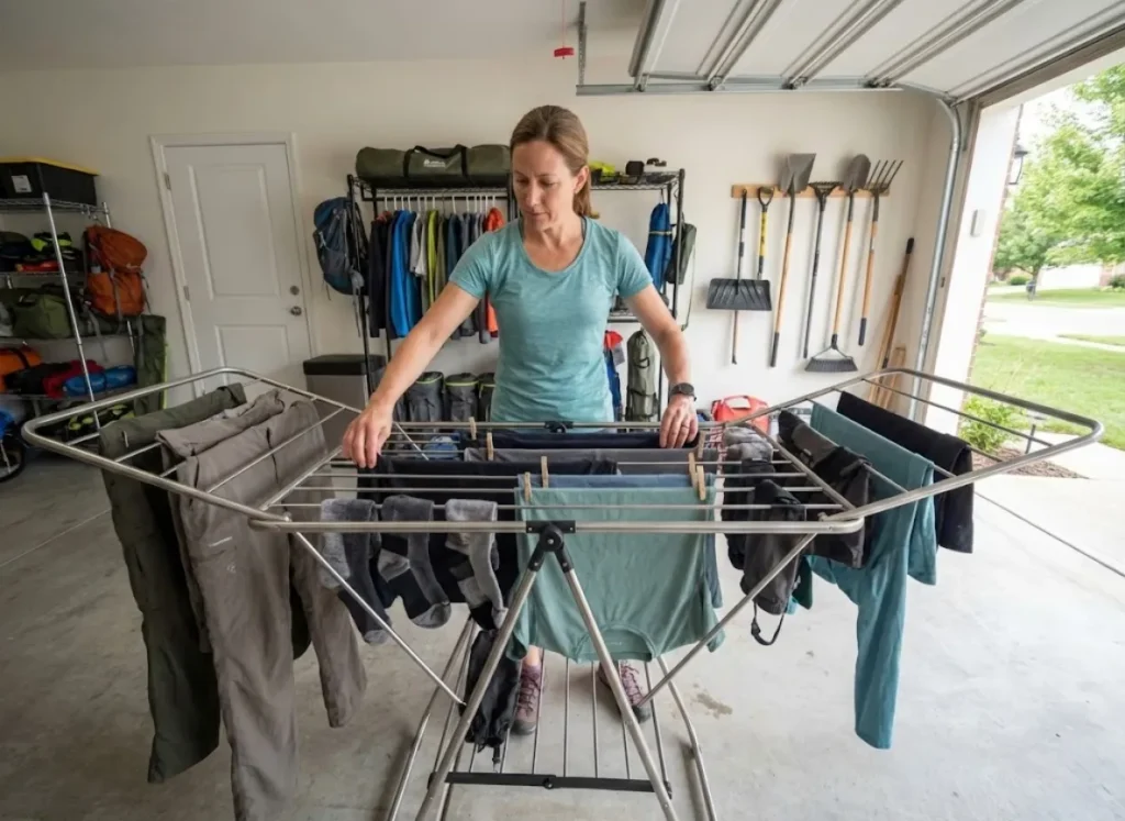 Complete permethrin-treated hiking clothing system drying on rack including pants socks and gaiters