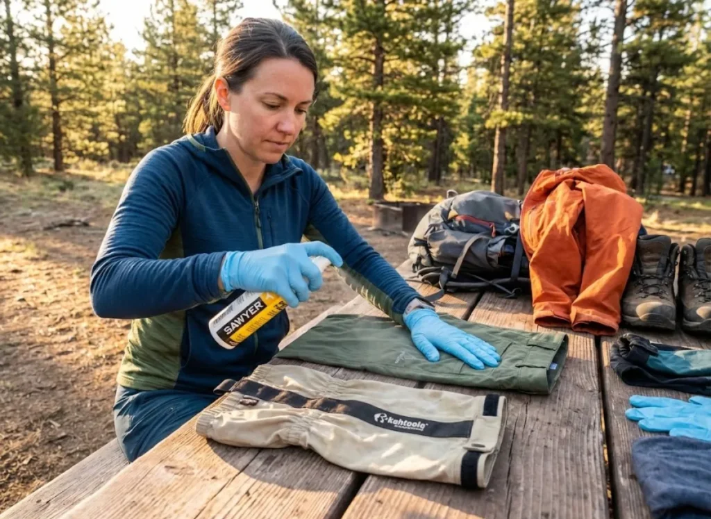Hiker treating hiking gaiters and pants with Sawyer permethrin spray for tick prevention