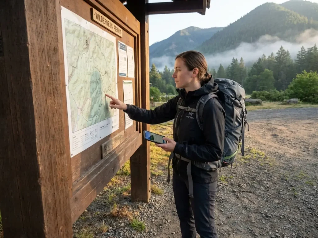 Female hiker reviewing permit planning matrix information at National Park trailhead kiosk