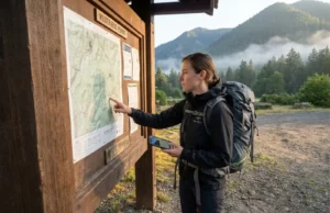 A Planning Matrix for 15 Permit Required USA Hiking Trails Female hiker reviewing permit planning matrix information at National Park trailhead kiosk
