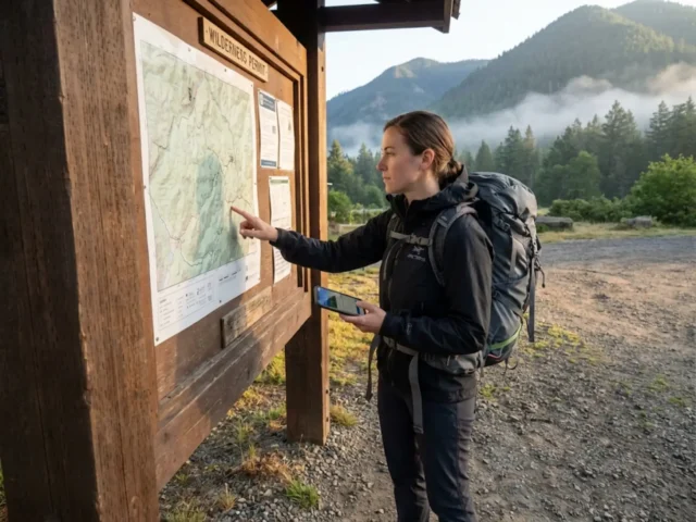 permit-planning-matrix-trailhead-hiker Female hiker reviewing permit planning matrix information at National Park trailhead kiosk