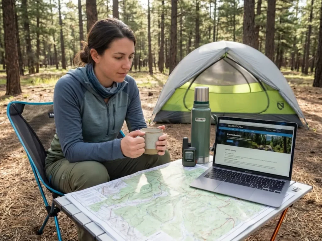 Hiker planning wilderness permit strategy with laptop and maps at forest campsite