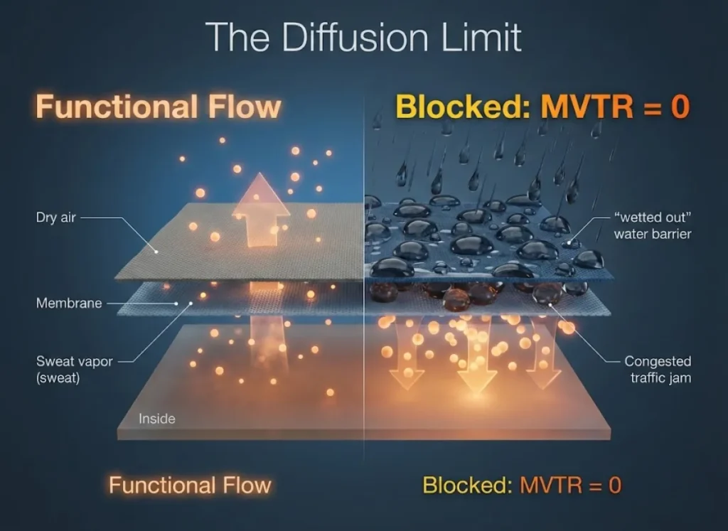 A split-screen 3D microscopic cross-section comparison of a waterproof jacket membrane. The left side shows water vapor escaping into dry air, labeled 'Functional.' The right side shows water vapor trapped by heavy rain and saturated fabric, labeled 'Blocked / MVTR 0', illustrating the failure of breathability in high humidity.