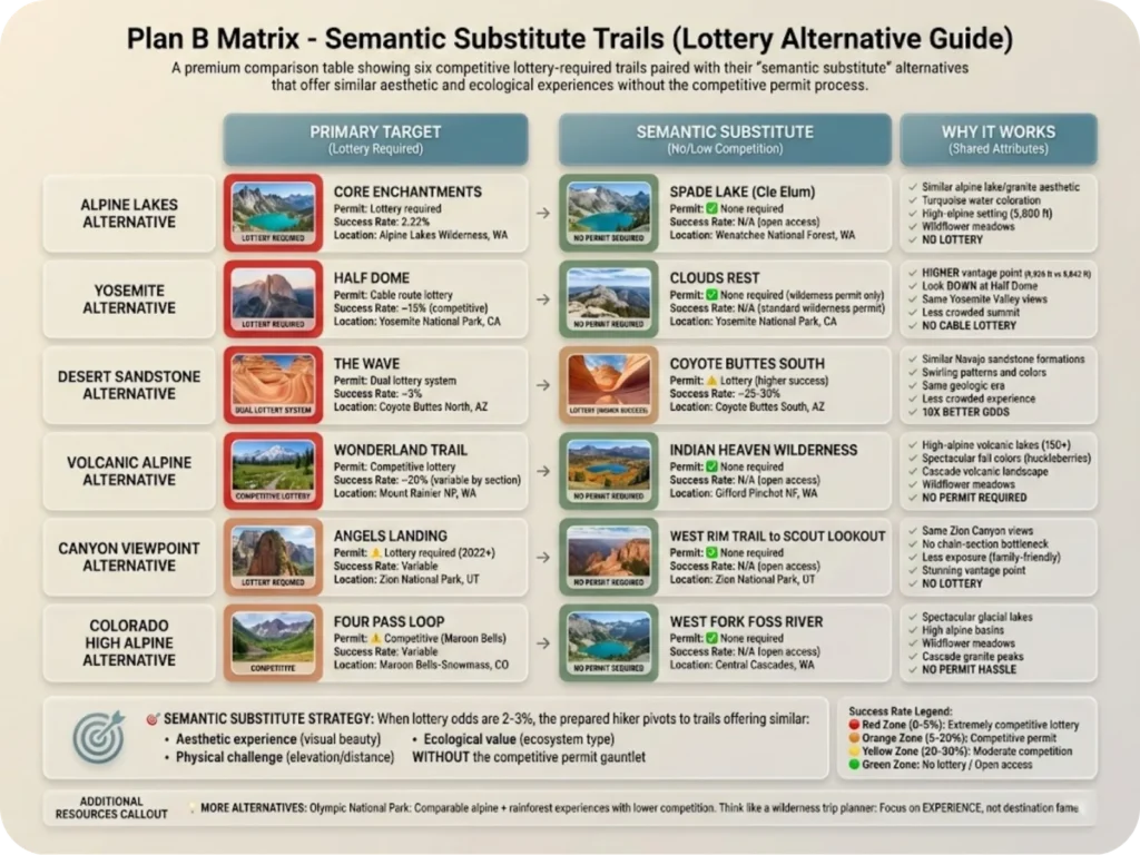 Side-by-side comparison chart showing competitive lottery trails and their semantic substitute alternatives with shared attributes and success rates.