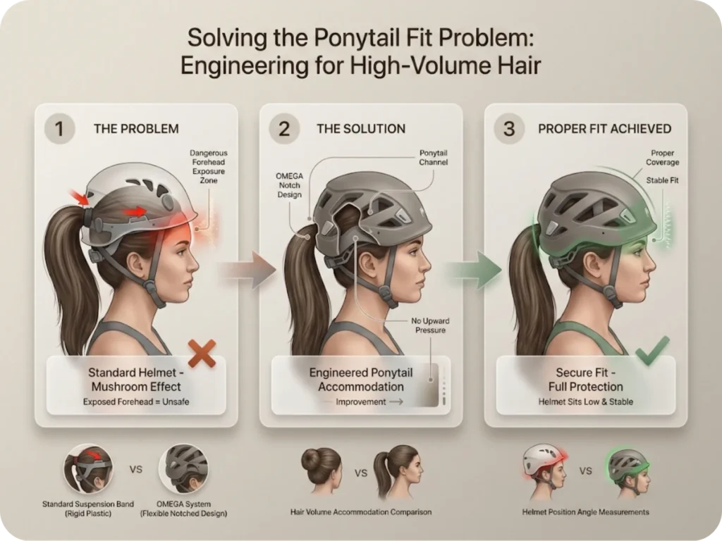 Three-step visual sequence showing climbing helmet ponytail fit issues and solutions, from mushroom effect to proper OMEGA headband positioning.