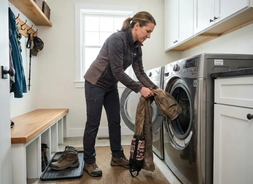 Hiker putting hiking clothes with gaiters directly into dryer for tick elimination protocol