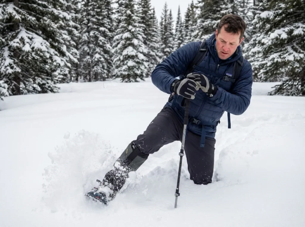 Hiker postholing in deep backcountry powder demonstrating need for tall gaiters