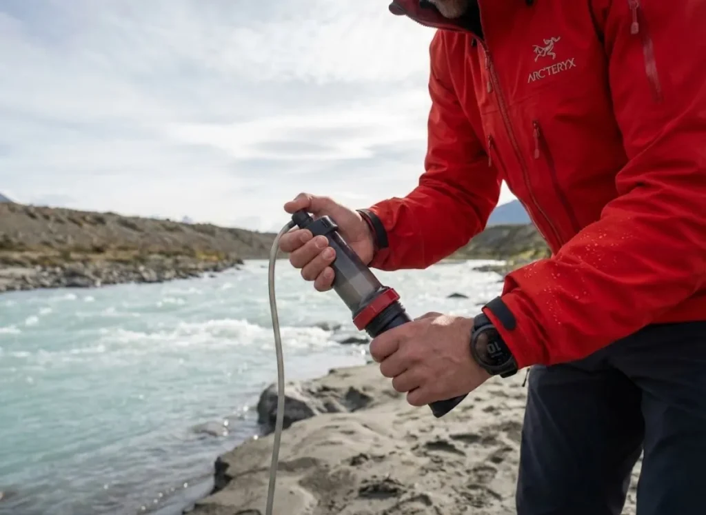Alpine guide in Arc'teryx gear kneeling by a glacial river, preparing a pristine MSR Guardian water pump filter against a backdrop of turquoise silty water.