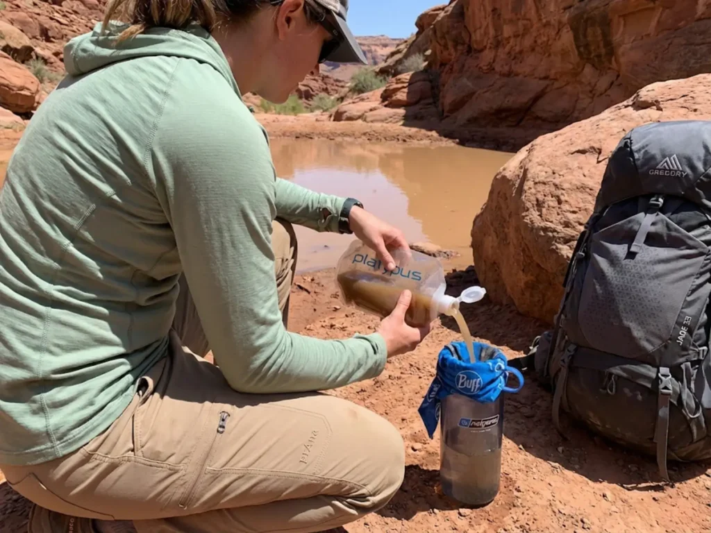 Hiker pre-filtering turbid desert water through bandana before UV purification treatment