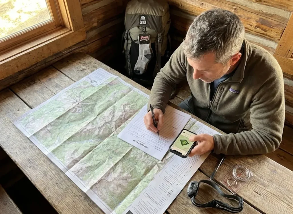 Hiker preparing solo hiking trip plan with map and GPS app before hitting the trail