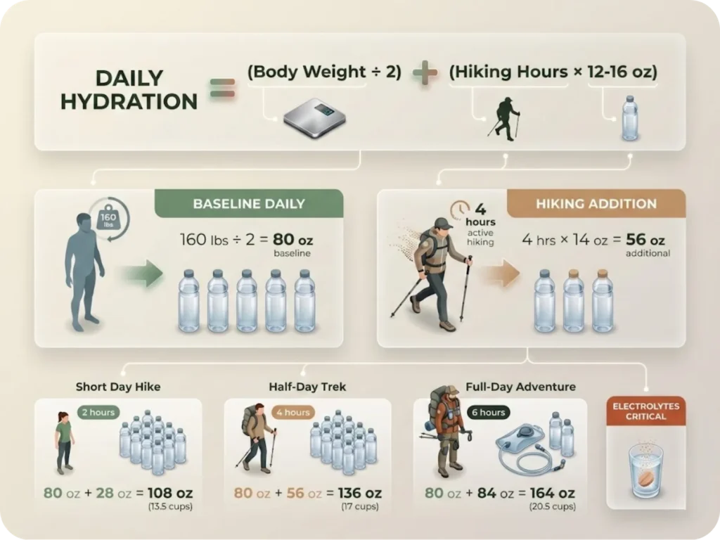 Visual hydration formula showing daily water calculation for senior hikers: half body weight in ounces plus 12-16oz per hiking hour, with example scenarios.