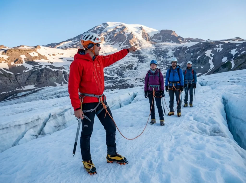 Professional mountain guide leading roped team on glacier discussing turnaround protocol