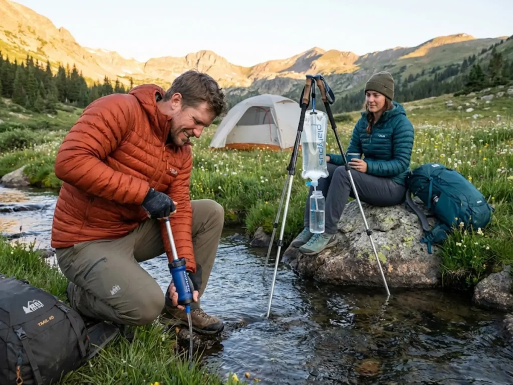 Hiking partners comparing pump filter effort versus passive gravity filter at mountain basecamp