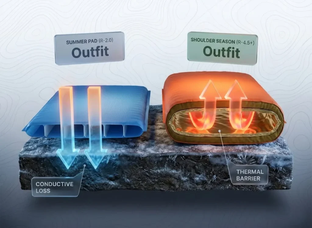 A technical side-by-side 3D cross-section comparison of two sleeping pads on frozen ground. The left pad (Summer, R-2.0) shows heat escaping into the ground, while the right pad (Shoulder Season, R-4.5+) reflects heat back to the sleeper, illustrating the physics of conductive heat loss.