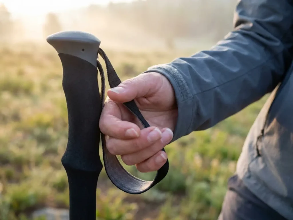 Hiker inserting hand through trekking pole strap from bottom using rabbit technique