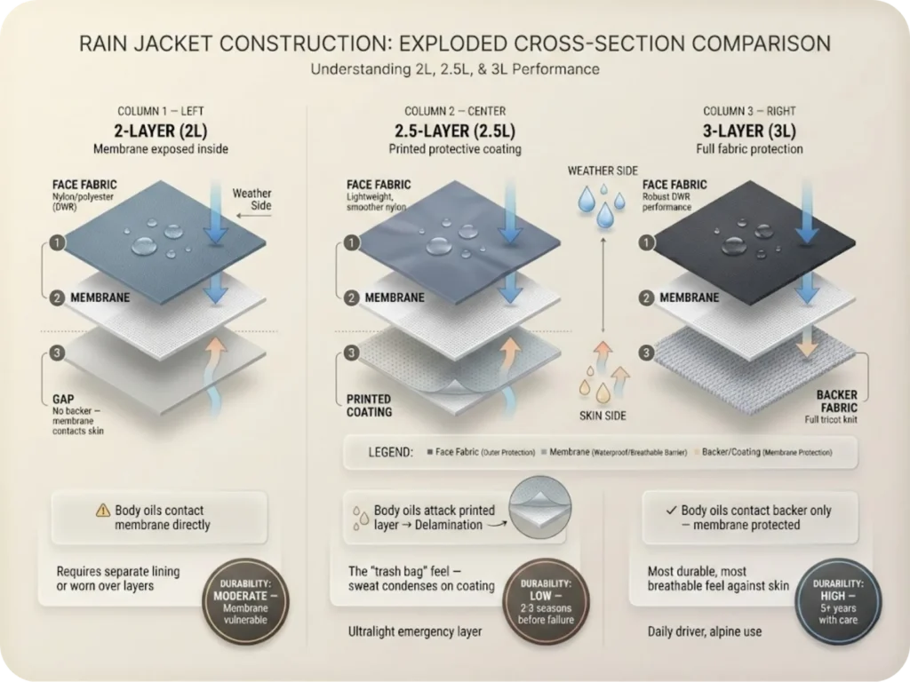Exploded cross-section diagram comparing 2-layer, 2.5-layer, and 3-layer rain jacket construction, showing fabric layers, membrane placement, and where body oils contact the membrane in each type.