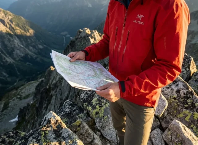 read-terrain-features-orient-hero A professional hiker in an Arc'teryx jacket standing on a high mountain ridge, consulting a topographic map against a backdrop of dramatic peaks during golden hour.
