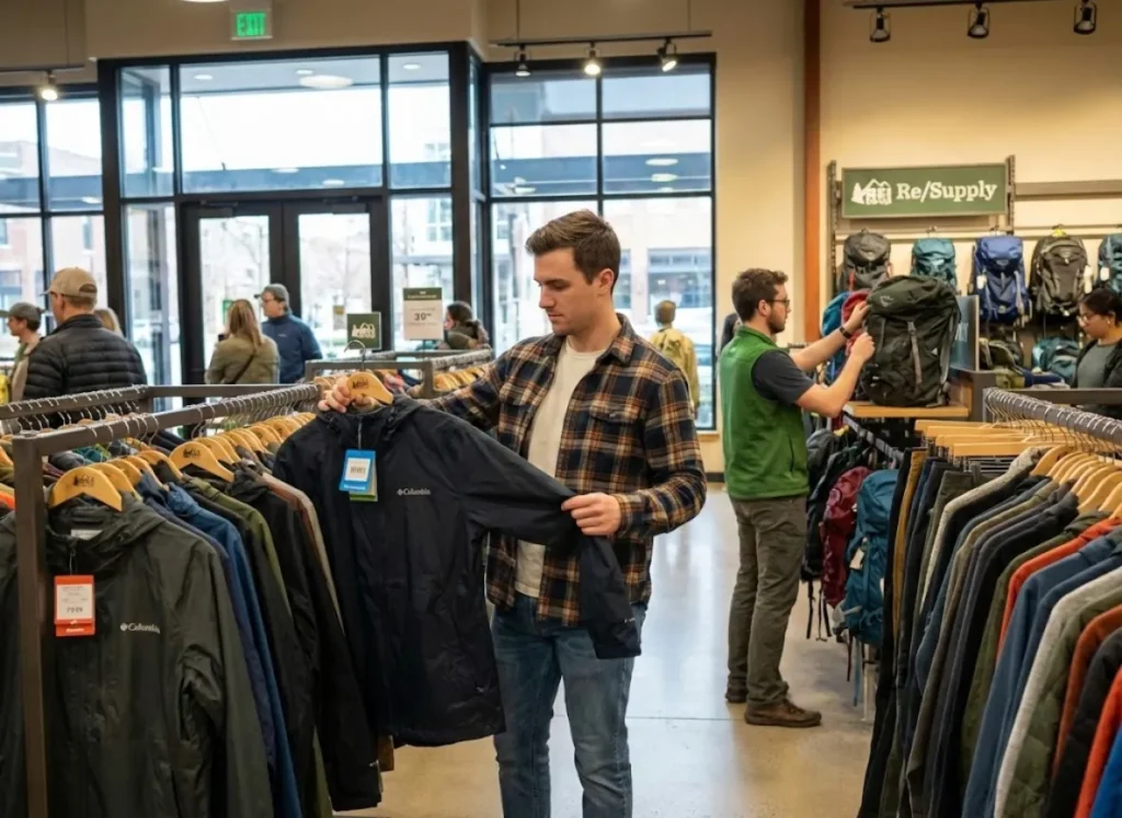 Shopper browsing REI Re/Supply used gear section with staff assistance available