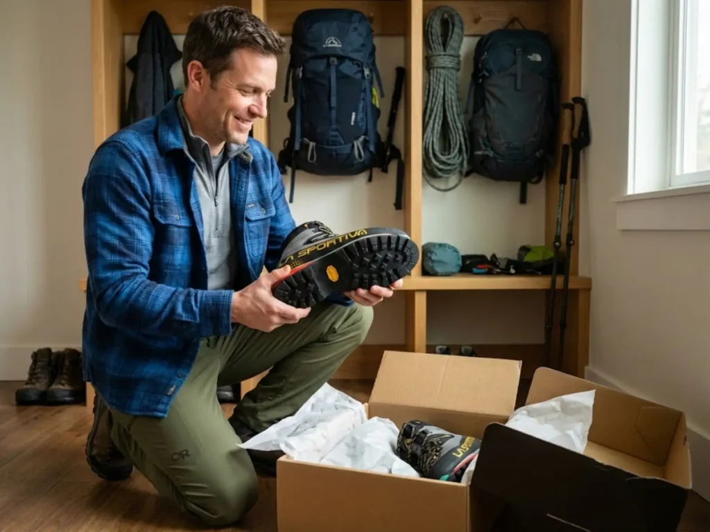 Hiker receiving resoled La Sportiva boots with new Vibram soles after $150 repair service