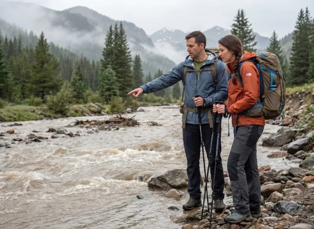 Hikers assessing river crossing safety from bank before attempting to cross