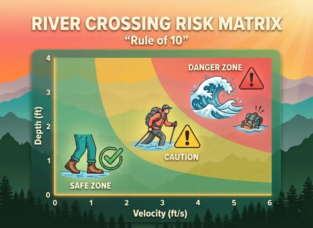 A river crossing risk matrix chart set against a mountain sunset background, visualizing the "Rule of 10" safety formula with color-coded zones for safe, caution, and danger levels based on water depth and velocity.