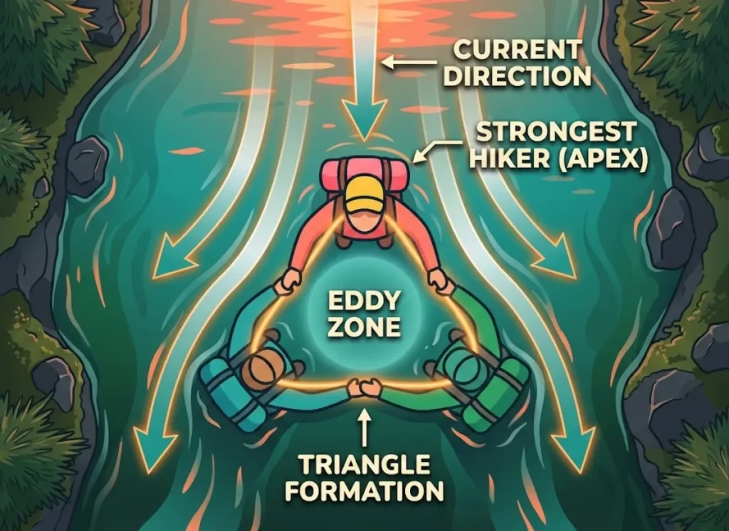 An overhead diagram of the triangle method for river crossings, showing three hikers in formation with the strongest hiker upstream breaking the current to create a protected eddy zone for the two downstream hikers.