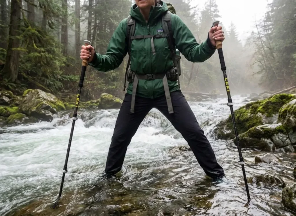 Hiker bracing with trekking poles against strong river current showing water force