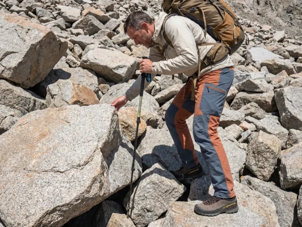 Hiker navigating rocky talus field showing trekking pole placement between boulders