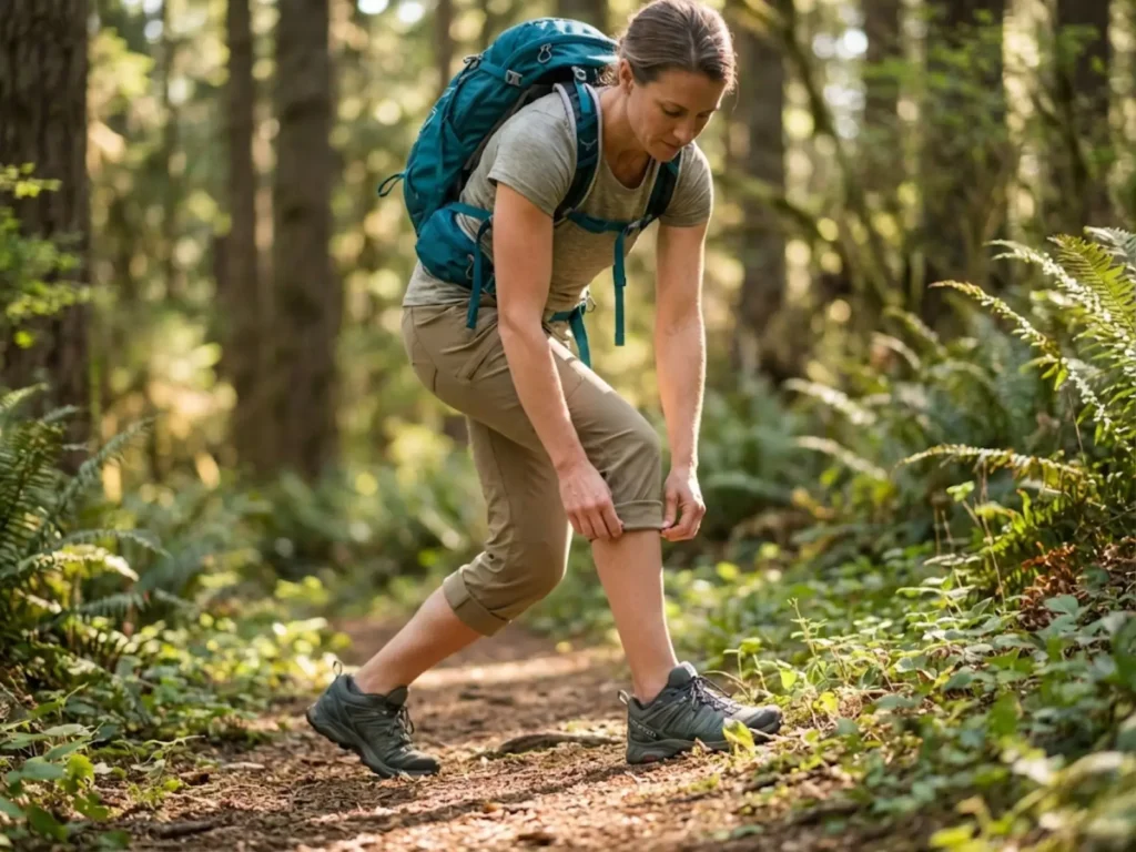 Female hiker adjusting roll-up hiking pants on summer forest trail with sunlit vegetation