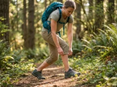 Why Roll Up Hiking Pants Beat Shorts (Most Summer Days) Female hiker adjusting roll-up hiking pants on summer forest trail with sunlit vegetation