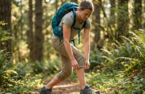 Why Roll Up Hiking Pants Beat Shorts (Most Summer Days) Female hiker adjusting roll-up hiking pants on summer forest trail with sunlit vegetation